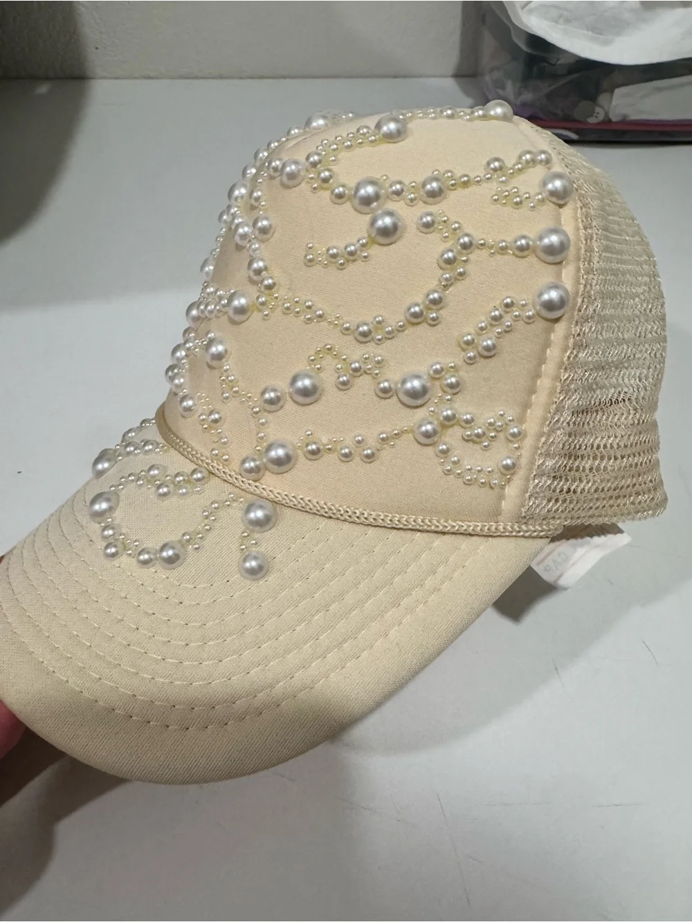 Pearl-Embellished Beige Baseball Cap - Women Accessories